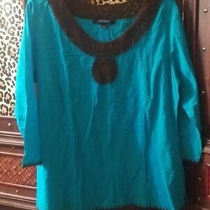Chadwicks Teal with Brown Crochet Trim 3/4 Sleeve Shirt Size Large Vintage EUC